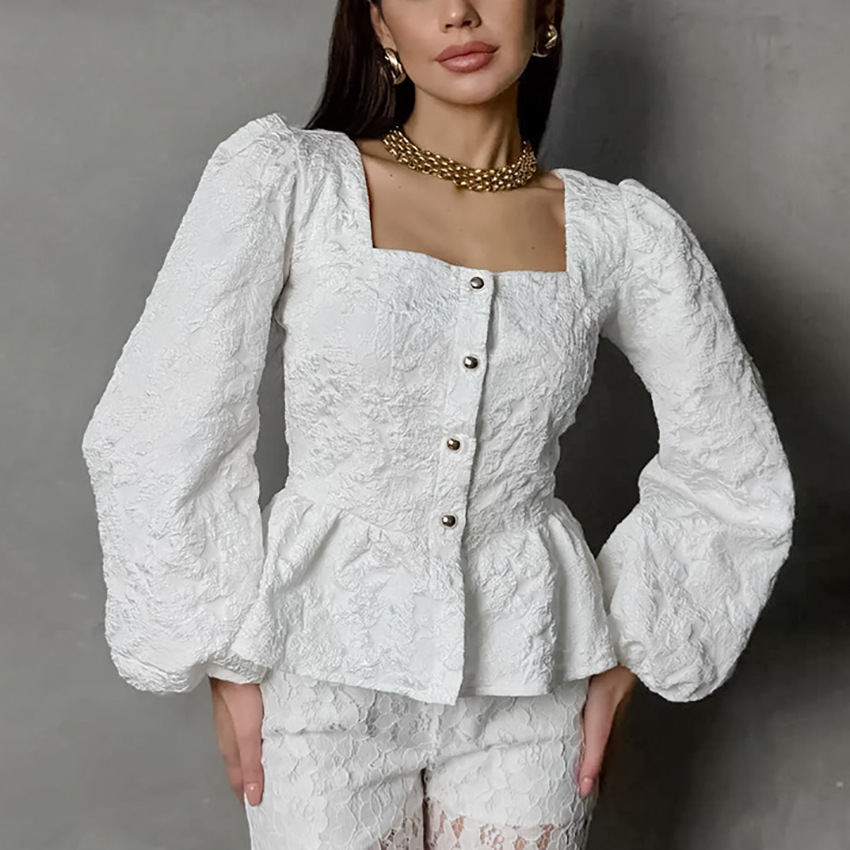 Puff Sleeve Blouse - Ladies Elegant Jacquard Square Neck Puff