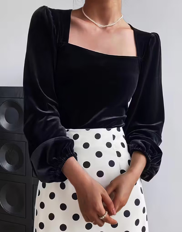 Puff Sleeve Blouse - Women Black Velvet Square Neck Blouse