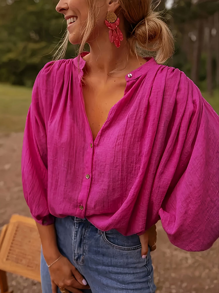 Puff Sleeve Blouse - New Elegant Stand-up Collar Long-Sleeve Shirt