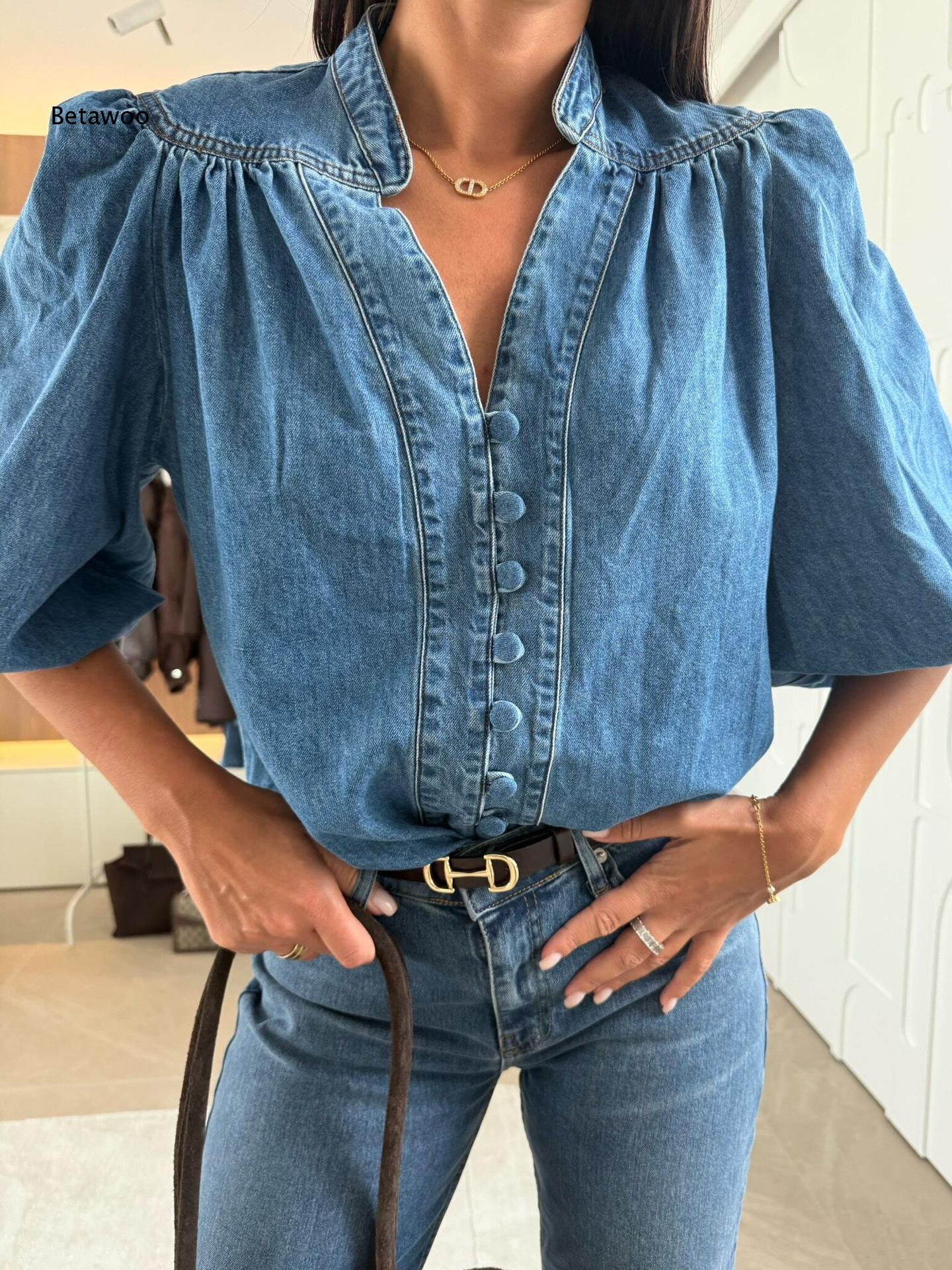 Puff Sleeve Blouse - Women Stand Collar V Neck Denim