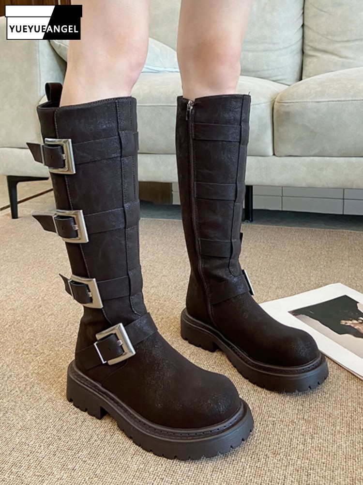 Women'S Fashion Riding Boots - Fashion Women Multi Buckle Knee High