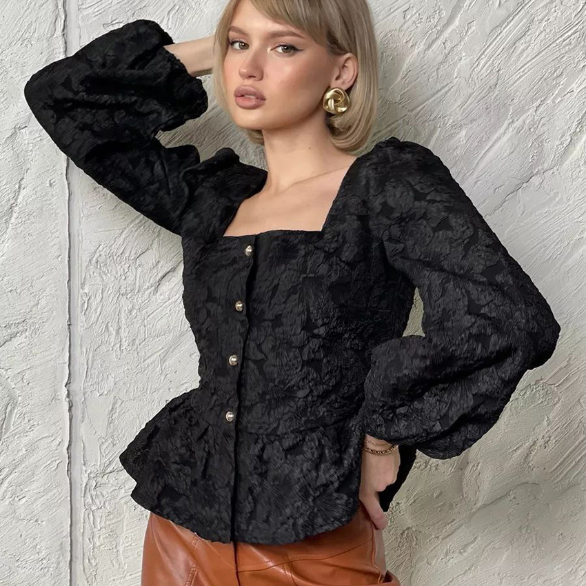 Ladies Elegant Jacquard Square - đánh giá và giá Puff Sleeve Blouse