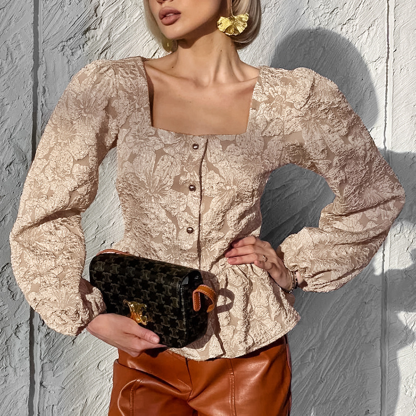 Ladies Elegant Jacquard Square - đánh giá và giá Puff Sleeve Blouse