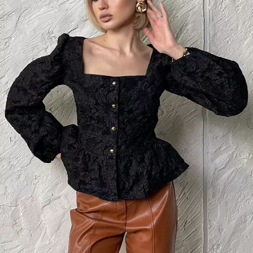 Ladies Elegant Jacquard Square - đánh giá và giá Puff Sleeve Blouse