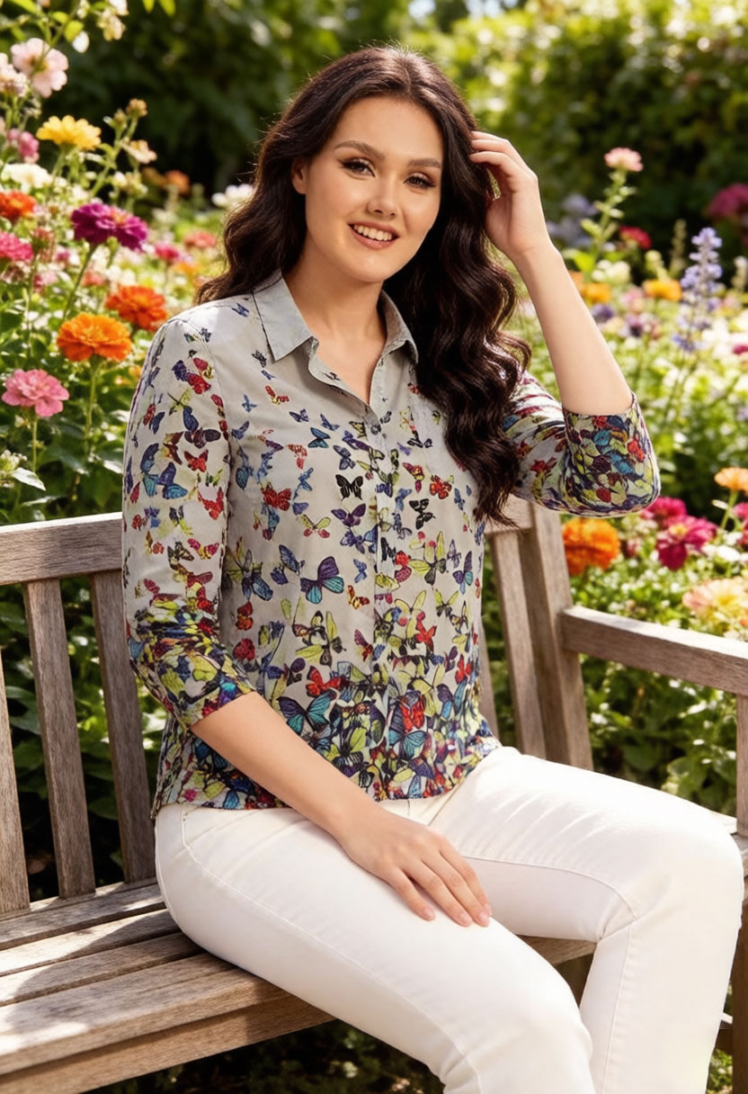 Women Butterfly Print Blouse C - đánh giá và giá Puff Sleeve Blouse