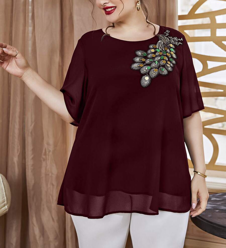 Plus Size Women's Embroidered  - đánh giá và giá Puff Sleeve Blouse