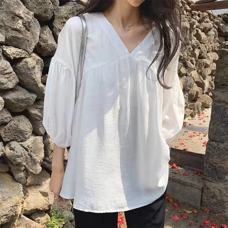 Women V Neck Gathered Bust Blo - đánh giá và giá Puff Sleeve Blouse
