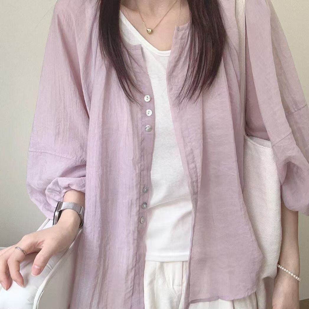 Stand Collar Shirt Crinkle Tex - đánh giá và giá Puff Sleeve Blouse
